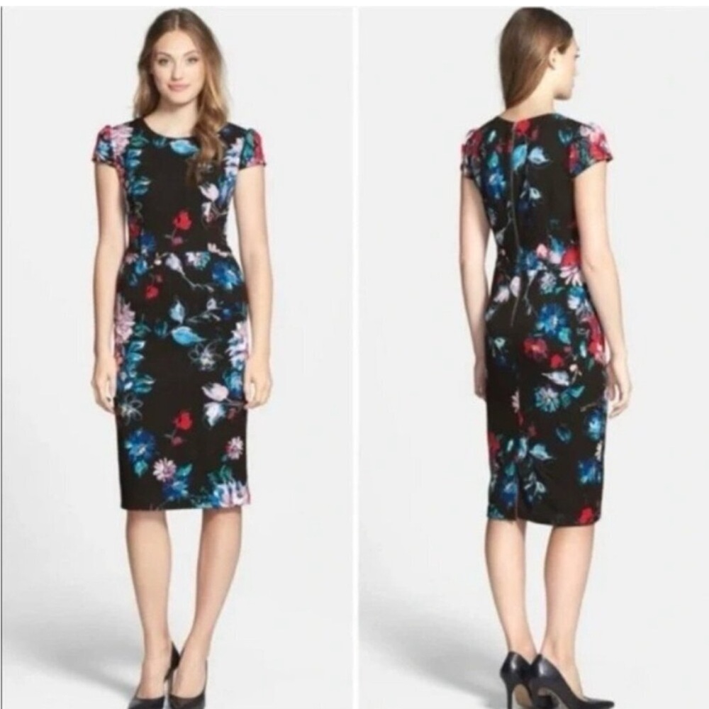 Betsey Johnson Womens Floral Midi Dress Cap Sleeve Sheath